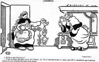 Caricatura que representa el efecto desastroso del bloqueo submarino en un pez comprado en un mercado francés, de la edición del Día de los Inocentes de La Baionette, 29 de marzo de 1917 de French School