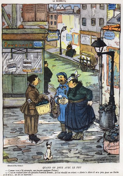 Caricatura que representa el resultado del intento de una esposa de jugarle una broma a su esposo, de la edición del Día de los Inocentes de La Baionette, 29 de marzo de 1917 de French School