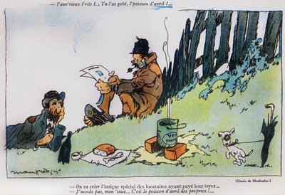 Caricatura que representa a dos vagabundos, de la edición del Día de los Inocentes de La Baionette, 29 de marzo de 1917 de French School