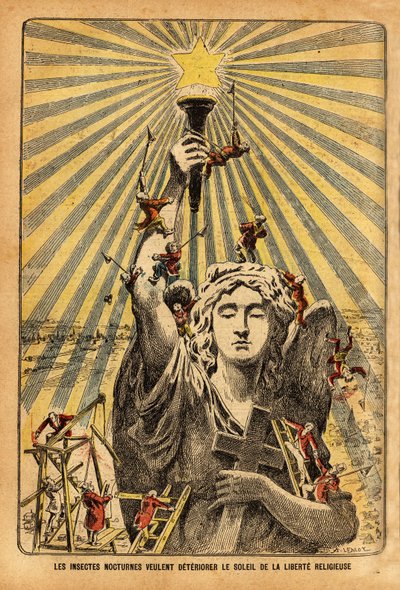Caricatura para la iglesia, "insectos nocturnos quieren empeorar el sol de la libertad religiosa"", en el debate político que agitó Francia a principios del siglo XX, sobre la laicización de las instituciones en el contexto de la separación de la iglesia a de French School