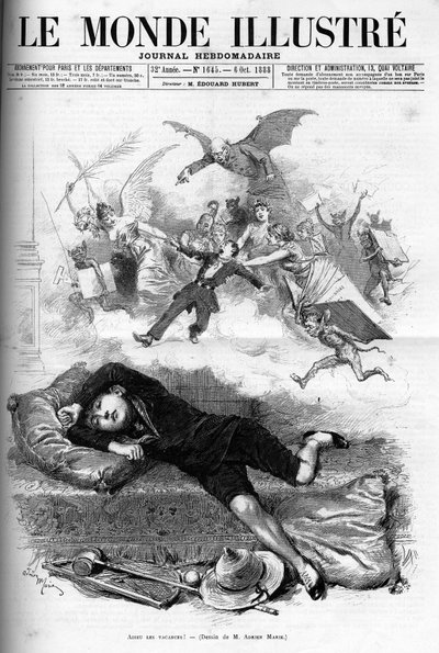 Caricatura de un joven escolar reprendiéndose por el fin de las vacaciones acercándose a la clase en 1888. de French School