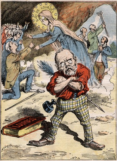 Caricatura del escritor Émile Zola (1840-1902) que está perplejo ante la devoción de los fieles en Lourdes, a pesar de su crítica del tema expresada en su novela 