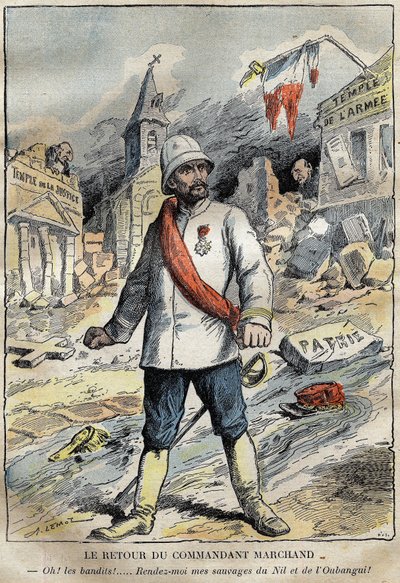 Caricatura del comandante Jean-Baptiste (Jean Baptiste) Marchand (1863-1934), en Toulon, regresando de una misión de exploración (1896-1899) en África. Grabado en "Le Pelerin" 4/06/1899 de French School