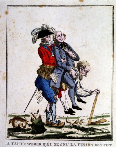 Caricatura sobre impuestos antes de la Revolución: Clero y Nobleza viviendo a costa del Tercer Estado, circa 1789 de French School