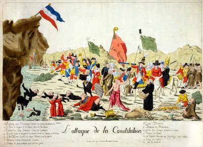Caricatura que muestra a miembros de varios grupos atacando una roca, identificada como “Constitución Francesa”, sobre la cual descansa la bandera francesa con la inscripción “Liberté”. Los grupos están numerados e identificados debajo de la copia. 1792 de French School