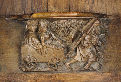 Escultura que representa a una pareja en un carro tirado por un hombre, de un coro (madera) de French School