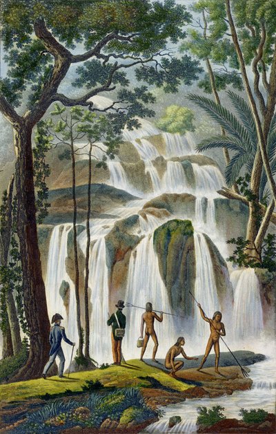 Cascada de Port Praslin, Nueva Irlanda, de Voyage autour du Monde, ejecutado por Orden del Rey en La Corvette de Su Majestad, La Coquille durante los años 1822, 1823, 1824 y 1825, por Louis Isidore Dup de French School