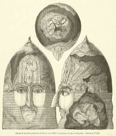 Casco de Jaroslaf, gran duque de Rusia hacia 1238, visto desde arriba, de frente y de perfil de French School