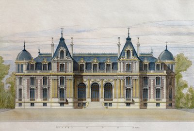 Castillo de Neuflize perteneciente a los Hermanos Pate, fachada del jardín, ilustración de Le Moniteur des architectes, 1884, grabado por F. Penel de French School