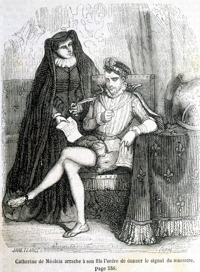 Catalina de Médici arranca de su hijo (Carlos IX) la orden de dar la señal de la masacre de San Bartolomé en 1572 - en 