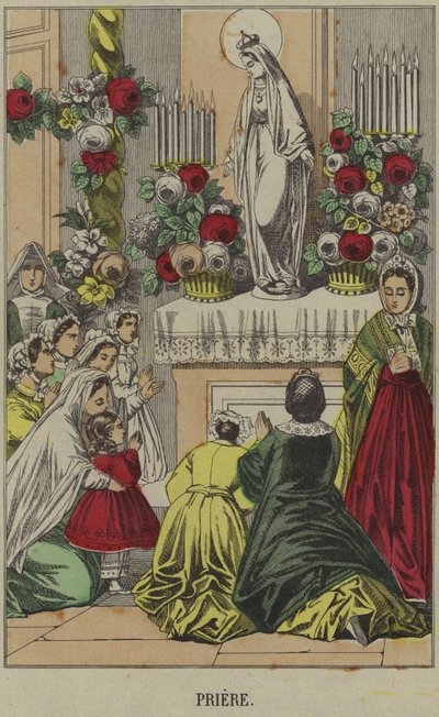 Católicos rezando ante una estatua de la Virgen María de French School