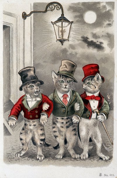 Gatos en situación - postal de principios del siglo XX de French School