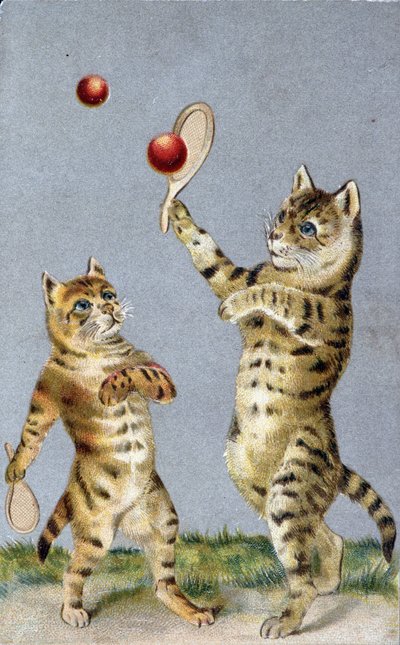 Gatos jugando al tenis - postal de principios del siglo XX de French School