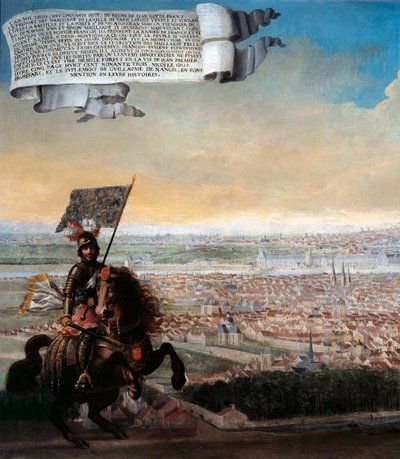 Vista de París desde el Faubourg Saint Jacques. Conmemoración de la defensa de París por el canciller Pepin des Essarts después de la traición de Etienne Marcel, en 1358. (detalle) de French School