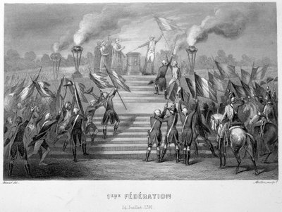 Celebración de la 1ª Federación Nacional el 14 de julio de 1790 en el Altar de la Patria en Champs-de-Mars, con motivo del 1º aniversario de la toma de la Bastilla - en 