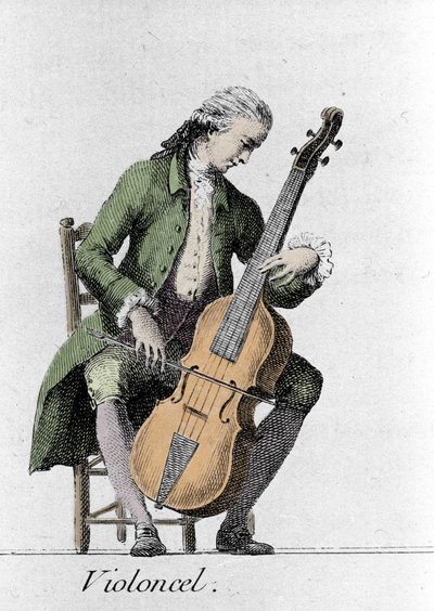 Violonchelista. Grabado de finales del siglo XVIII. de French School
