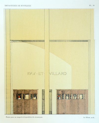 Sala de exposición de cerámica, lámina 20, ilustración de Devantures de Boutiques de Louis-Pierre Sezille, París, 1927 de French School