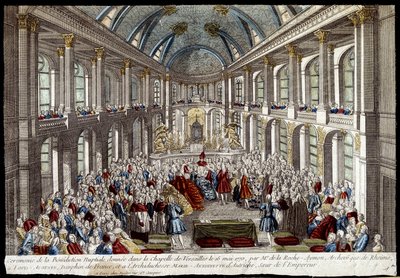 Ceremonia de la bendición nupcial dada en la capilla de Versalles el 16 de mayo de 1770 por Luis Augusto, delfín de Francia (Luis XVI), y María Antonieta de Austria - grabado de French School