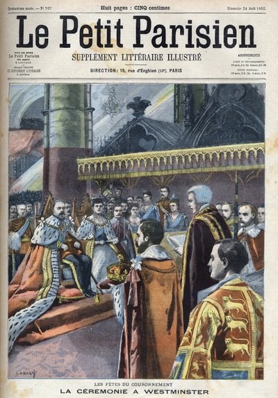 Ceremonia de la coronación en Westminster: Rey Eduardo VII (1841-1910) y Alexandra de Dinamarca (1844-1925), en "Le Petit Parisien" de French School