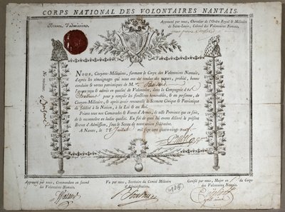 Certificado de admisión a la Guardia Nacional de Voluntarios de Nantes, 1789 de French School
