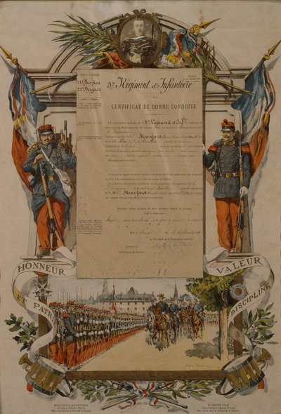 Certificado de buen comportamiento, 37º Regimiento de Infantería, 1896 de French School