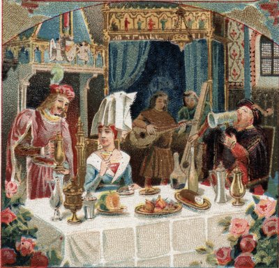 Chambelán Jehan de Saintre sirviendo una bebida a la Dama de Belles Cousines (Belles-Cousines) en un banquete en el Chateau d