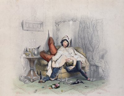 Champán y amor, una pareja amorosa dormida después de su sexta botella de champán, grabado por Bettannier Frères, París, 1852 de French School