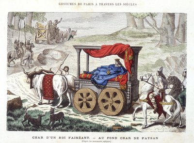Carro de un rey perezoso y carro de un campesino - en "París a través de los siglos" 1881 de French School
