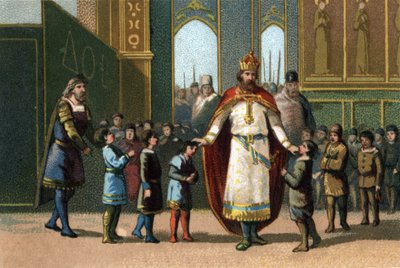 Carlomagno, Rey de Francia de 768 a 814, fundador de la escuela supervisa las clases. Cromolitografía alrededor de 1890. de French School