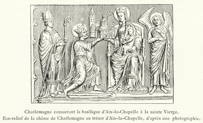Carlomagno consagrando la basílica de Aquisgrán a la Virgen Santa, Bajorrelieve de la caza de Carlomagno en el tesoro de Aquisgrán (grabado) de French School