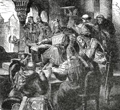 Carlomagno con alumnos y maestros de su Escuela del Palacio en Aquisgrán, c.1890 de French School