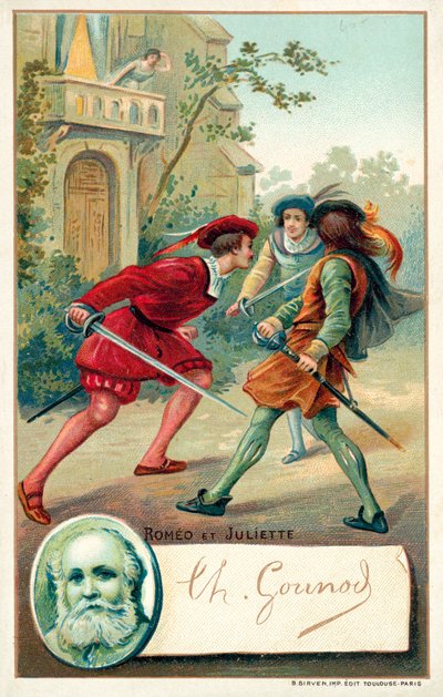 Charles Gounod, compositor francés, y una escena de su ópera Romeo y Julieta de French School