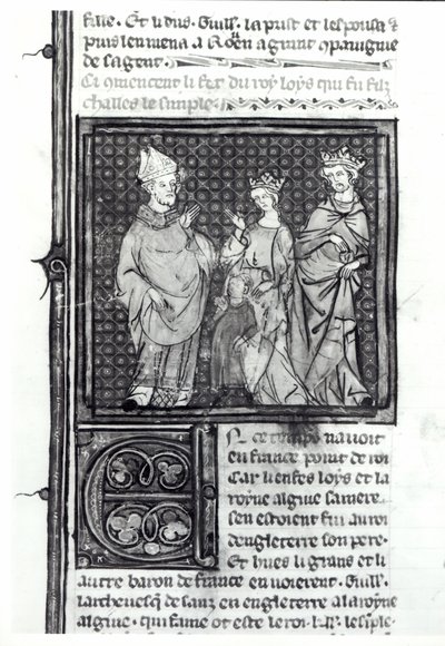 Carlos III el Simple con su esposa y su hijo, Luis IV, Grandes Crónicas de Francia, 1375-79 de French School