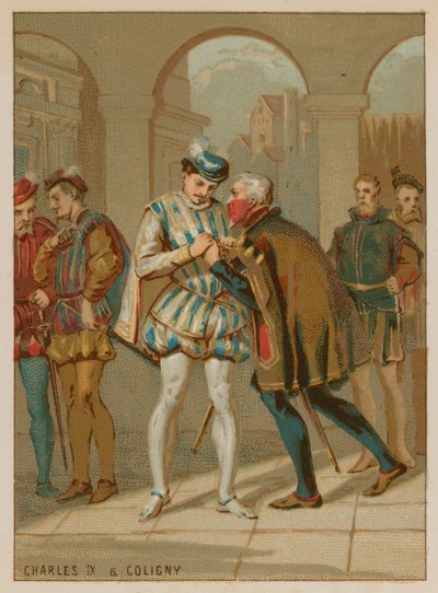 Carlos IX recibiendo consejo de Coligny de French School