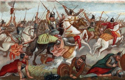Carlos Martel deteniendo a los musulmanes en la Batalla de Poitiers en 732. Cromolitografía del siglo XIX. de French School