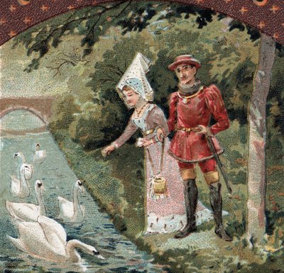 Carlos VII (1403-1461) con su favorita, Agnes Sorel (conocida como la Dama de Beaute sur Marne (Beaute-sur-Marne) (1422-1450) alimentando cisnes en el parque del castillo de Savigny sur Orge (Savigny-sur-Orge). Cromolitografía de finales del siglo XIX de French School