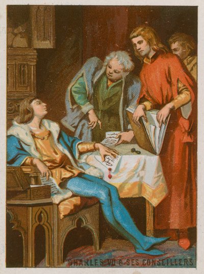 Carlos VII con sus consejeros de French School