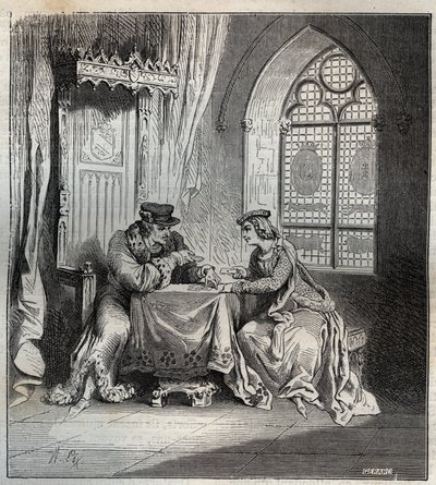 Carlos VI (1380-1422) y Odette de Champdivers - Rey Carlos VI de Francia, conocido como Carlos el Bienamado, luego Carlos el Loco (1368-1422) con su amante Odette de Champdivers (circa 1390-circa 1425) jugando a las cartas - grabado en "Paris a travers les de French School