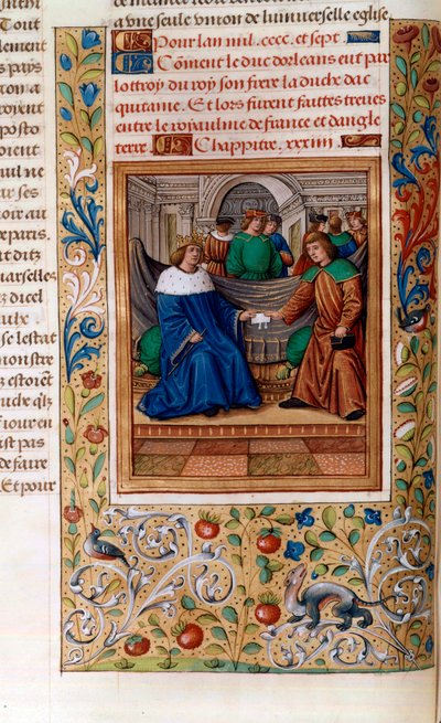 Carlos VI y Enrique V firmando el "Tratado de Troyes" en 1420, ilustración de las "Crónicas de Monstrelet" de French School