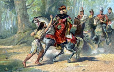 Carlos VI atrapado en la locura en el bosque de Le Mans. cromolitografía de finales del siglo XIX de French School