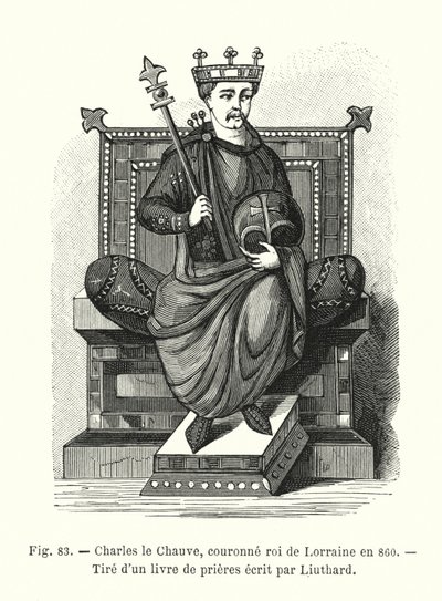 Carlos el Calvo, coronado rey de Lorena en 860, tomado de un libro de oraciones escrito por Liuthard (grabado) de French School