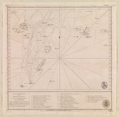 Carta del archipiélago al norte de Mauricio trazada en 1776 por el teniente de navío francés M le Victe Grenier [Incluye las Seychelles, el grupo de Mauricio de las Maldivas más meridional y el archipiélago de Chagos]. de French School