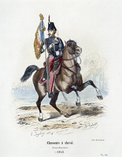 Cazadores a caballo: Portaestandarte en 1854 - en "Historia del ejército" por A. Barbier de French School