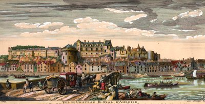 Castillos del Loira: vista del castillo de Amboise en Indre y Loira en el siglo XVIII. Grabado de época. Colección privada de French School