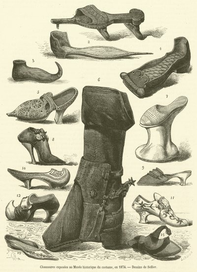 Zapatos expuestos en el Museo histórico del traje, en 1874 de French School