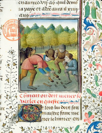 Revisando las huellas de un ciervo, del Livre de la Chasse de Gaston Phebus de Foix (1331-91) de French School