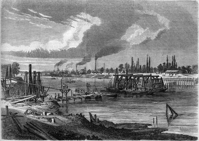 Ferrocarril de circunvalación de París: puente en construcción sobre el Sena en Billancourt de French School