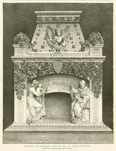 Chimenea de cerámica expuesta por la casa Loebnitz, Dibujo de M Sedille, figura de M Aller de French School