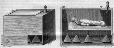 Incubadora infantil del Dr. Alfred Auvard (1855-1940), según el aparato utilizado en la sala de maternidad, a la izquierda, vista externa, a la derecha vista interna. En “La Nature. Revue des sciences et de ses applications aux arts et à l