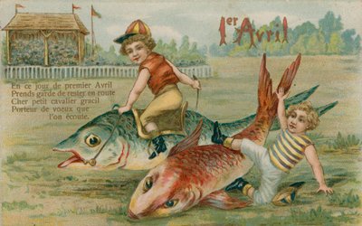Niños jinetes de carreras de peces, tarjeta del 1 de abril de 1913 de French School